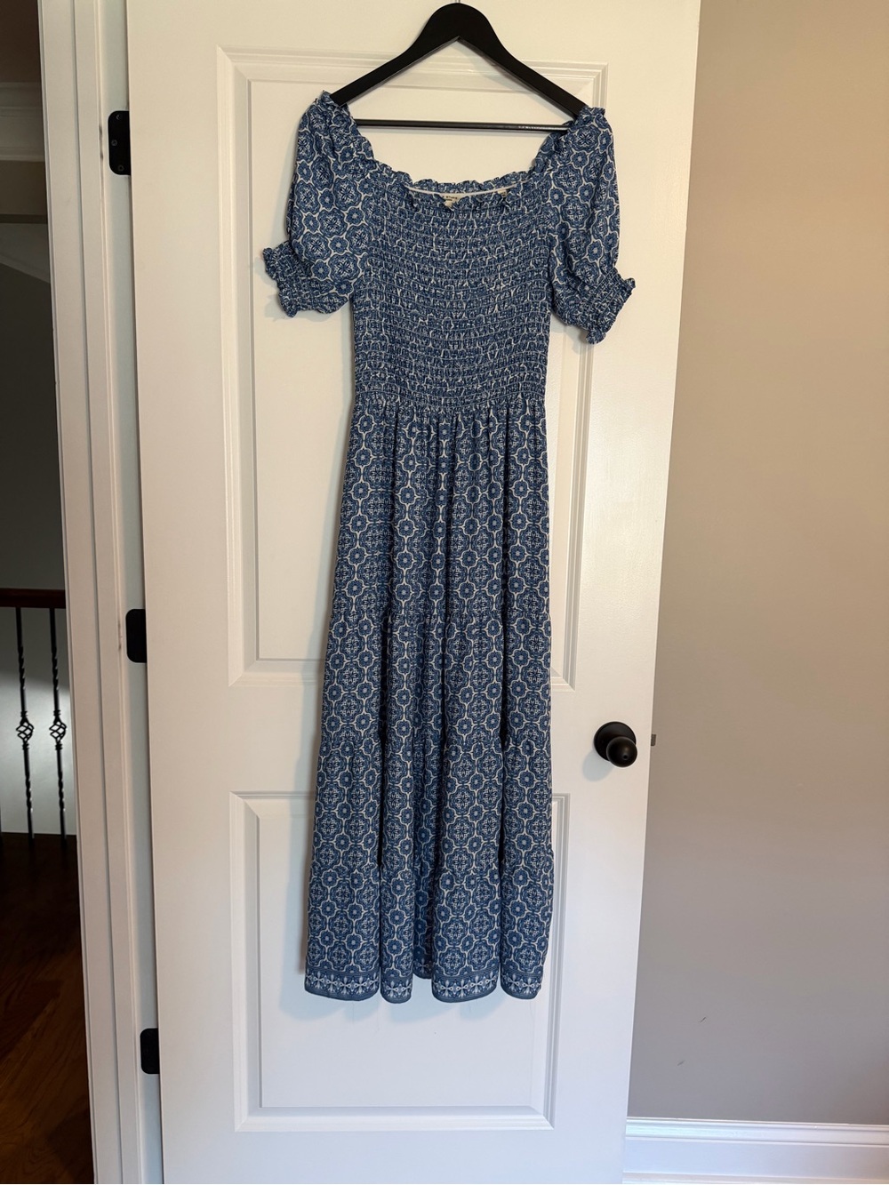 Max Studio Blue Smocked Maxi Dress with Puff Sleeves
